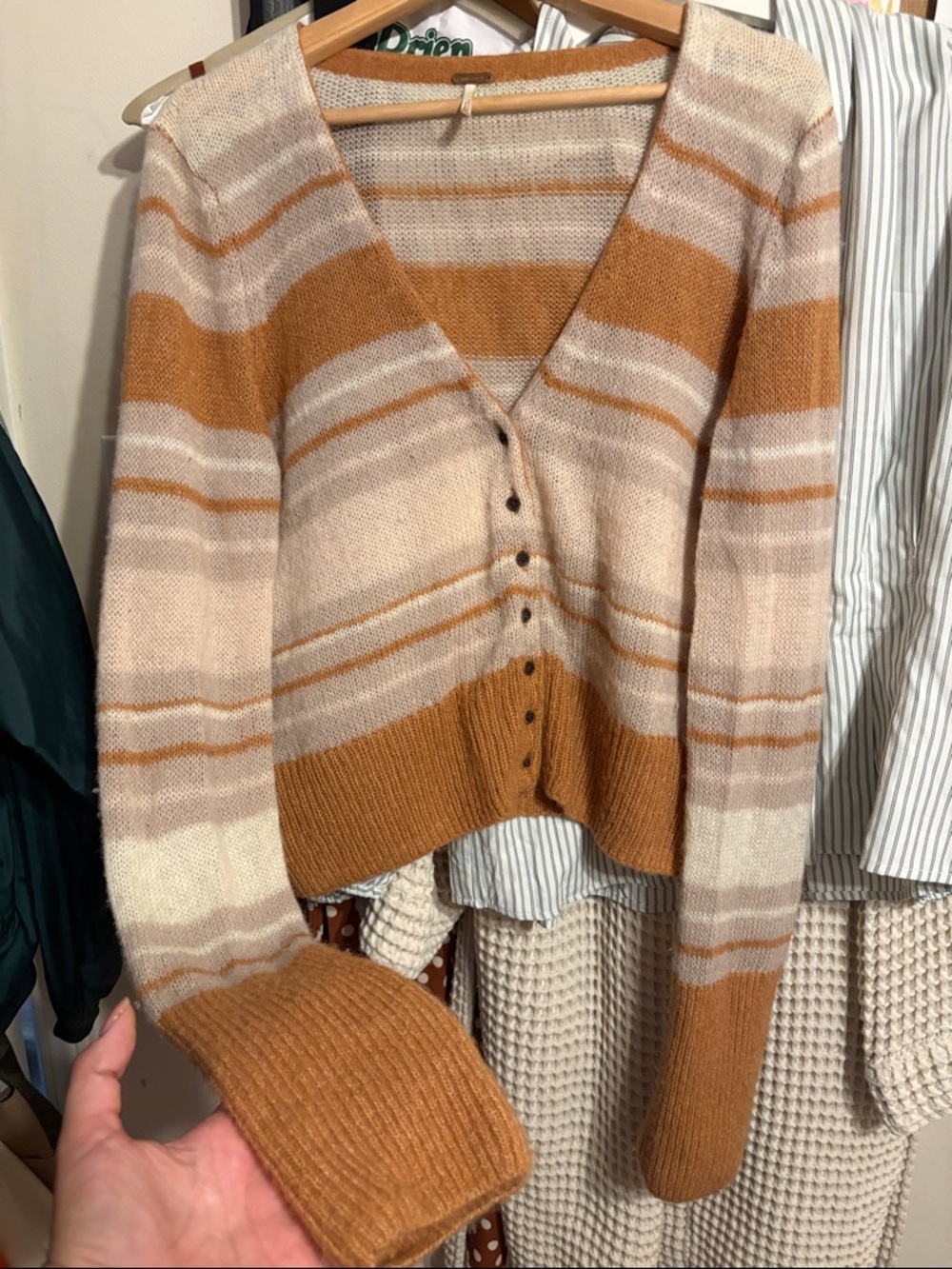 Free People Striped V-Neck Cardigan in Cream & Rust